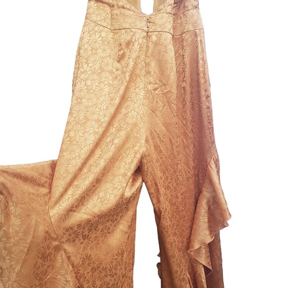 One33 Social Jumpsuit Yellow Orange Satin Floral Crossover Halter Ruffles 6 - Picture 9 of 12